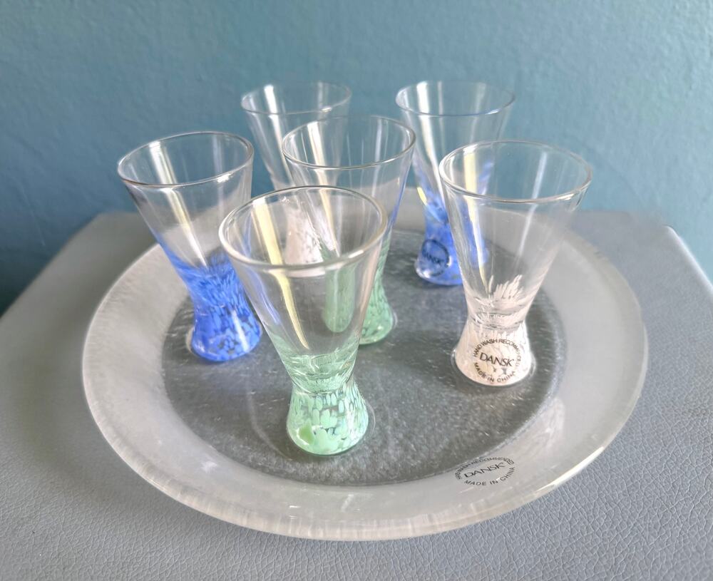 Dansk Frosted Glass Tray + 6 Cordial Pilsner Glasses Set Blue Green Clear